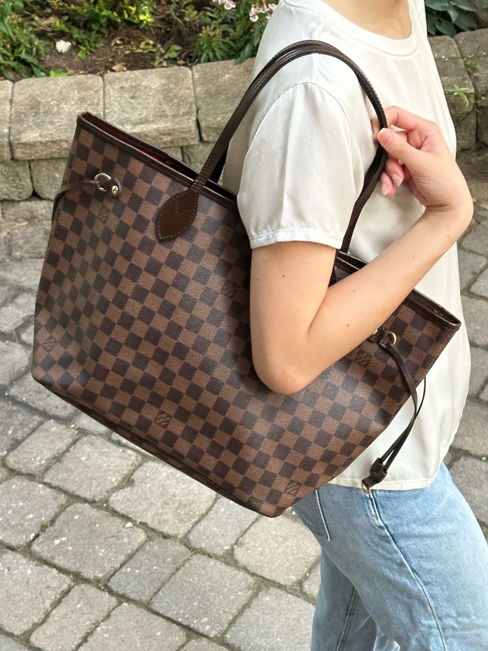 Louis Vuitton Damier Ebene Neverfull MM Tote with Red Interior